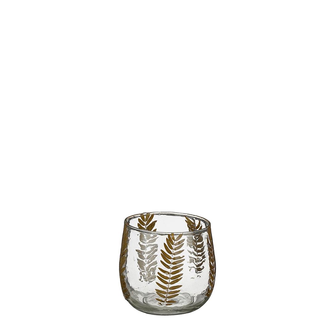 Tealight vidro,  com folhas douradas (10 cm)