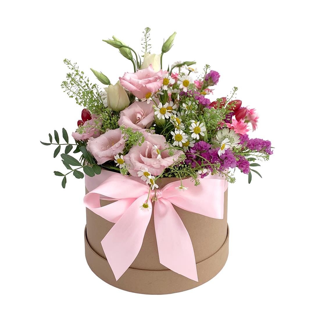 Arranjo ‘Ternura’ – Lisianthus e Statice em caixa redonda