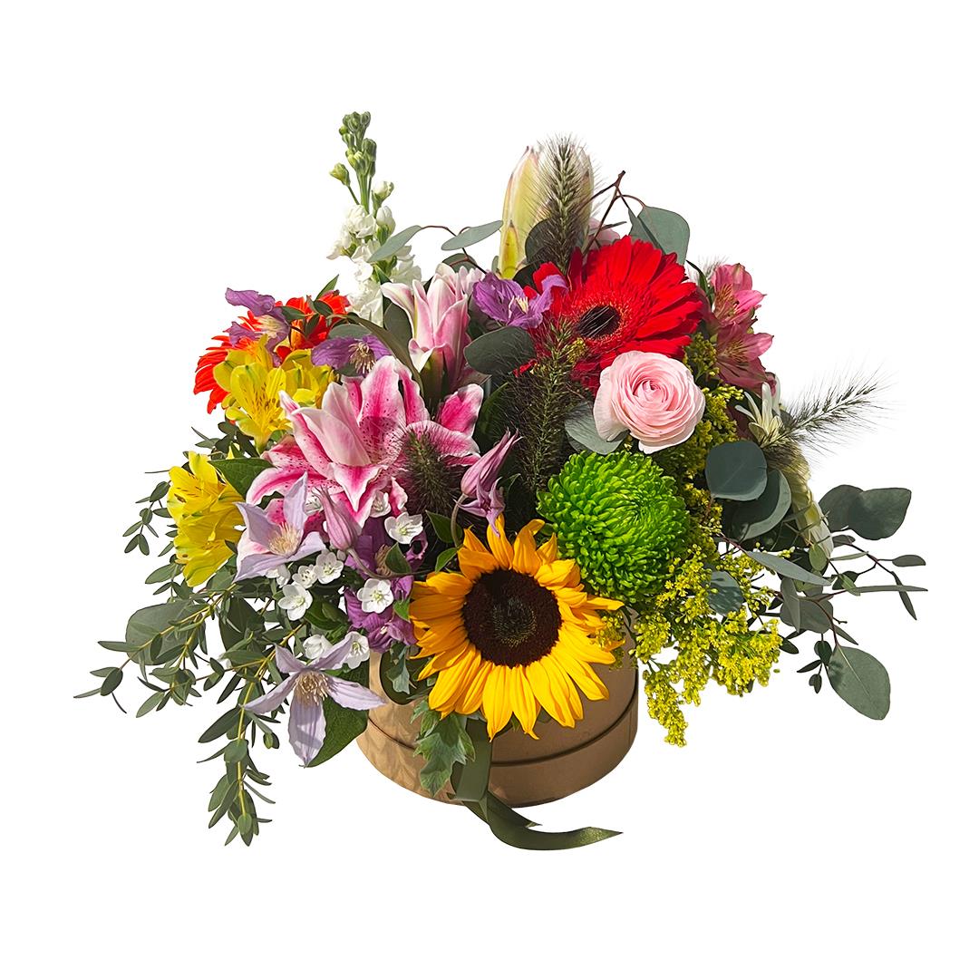 Arranjo ‘Verão’ – Girassóis, Gerberas, Rosas e Coroas Imperiais em caixa redonda