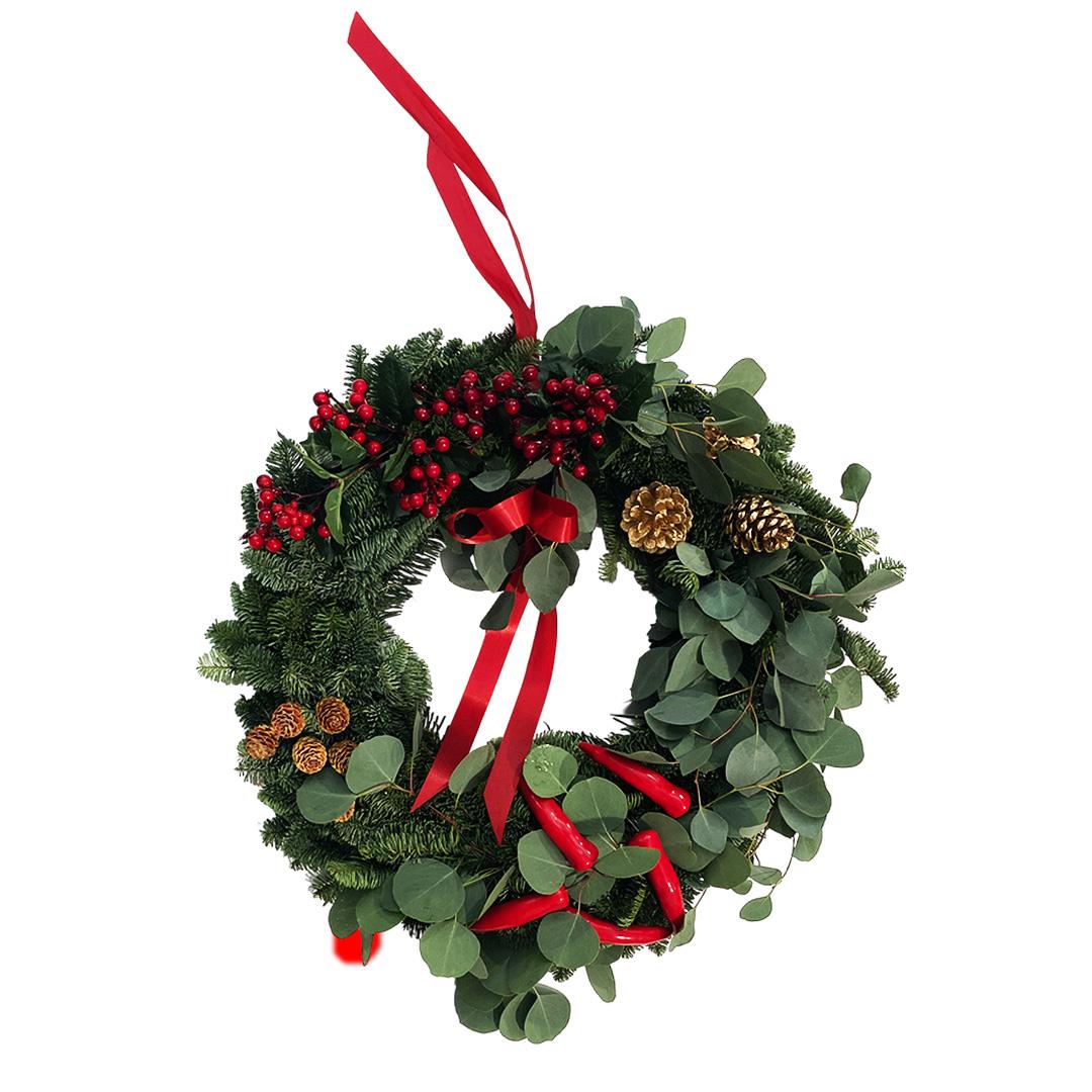 Coroa de Natal c/ Pinheiro, Eucalipto natural e elementos decorativos (30cm diâmetro)