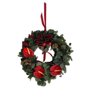 Christmas Wreath w/ Pine, Natural Eucalyptus and Anthuriums (40 cm diameter)