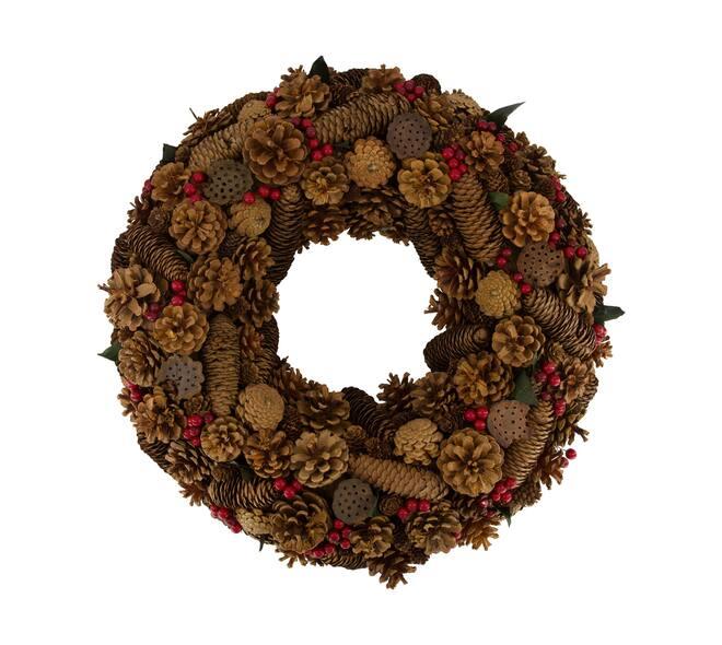 Coroa c/ pinhas e bagas artificiais (55cm diâmetro)
