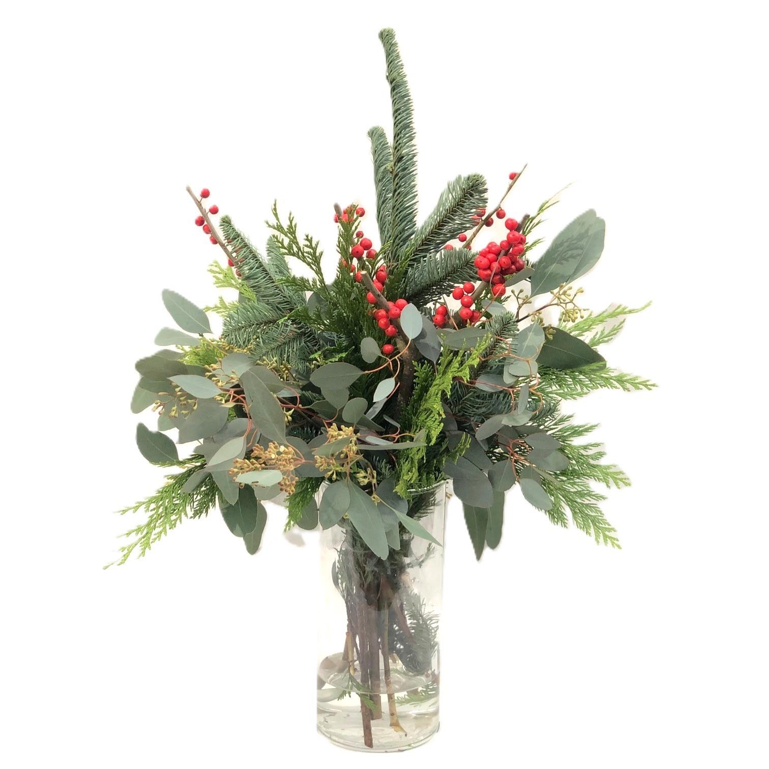 Arranjo floral de Natal natural c/ Eucalipto e Bagas vermelhas (50cm altura)