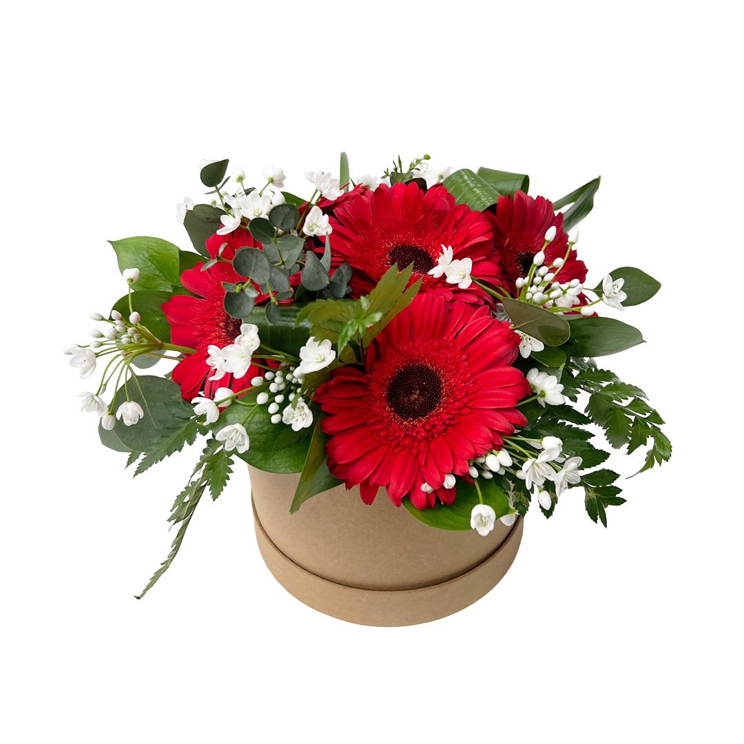 Arranjo ‘Amizade’ – Gerberas verrmelhas em caixa redonda