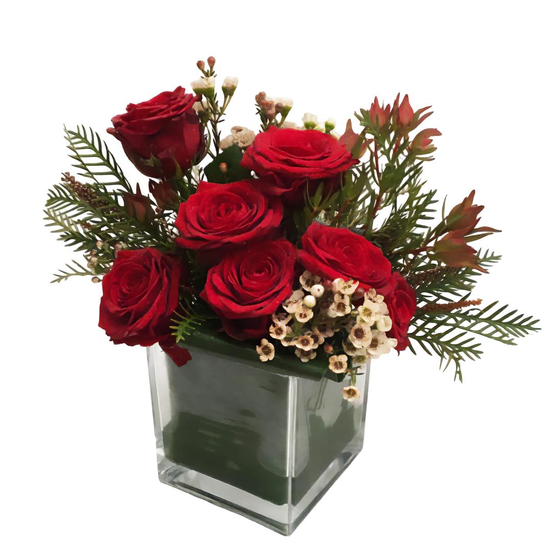 Arranjo com Rosas em cubo de vidro