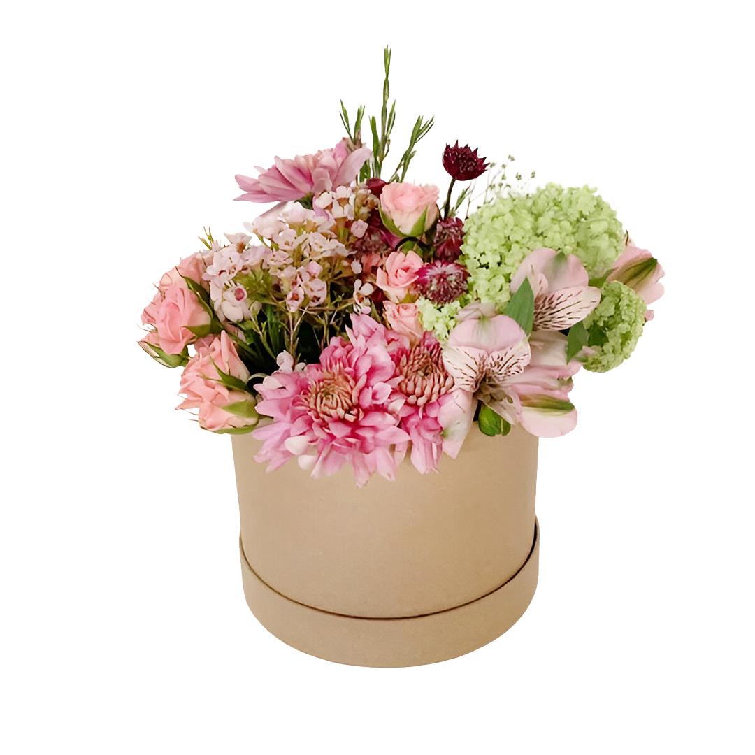 Arranjo ‘Primavera’ – Margaridas, Rosas e Astromélias em caixa redonda