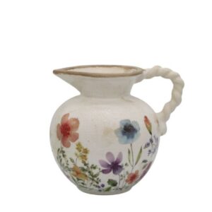Jarra em cerâmica c/ padrão floral e Cabo Torcido (18.5cm altura)