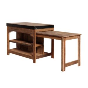 Multifunctional island with marble top and sliding reclaimed wood table (120 cm closed / 210 cm open)
